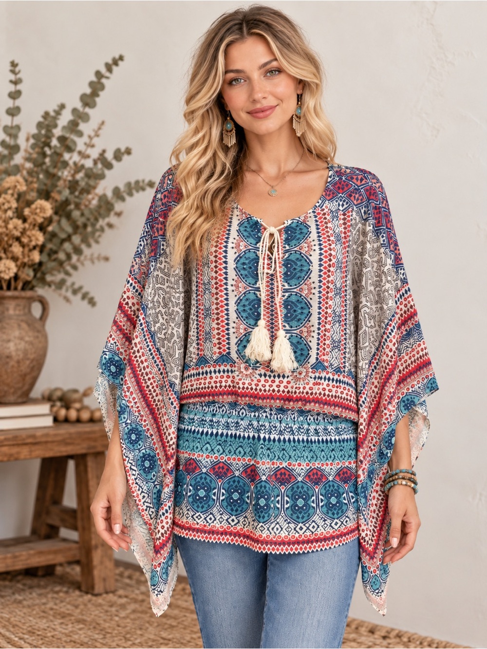 Boho Scarf Sleeve Geometric Tassel Tie Stretch Tunic Top L